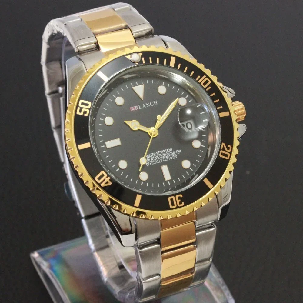 Men's Diver Style Watch Black Bezel Silver Gold Tone 40mm - Picture 2 of 14